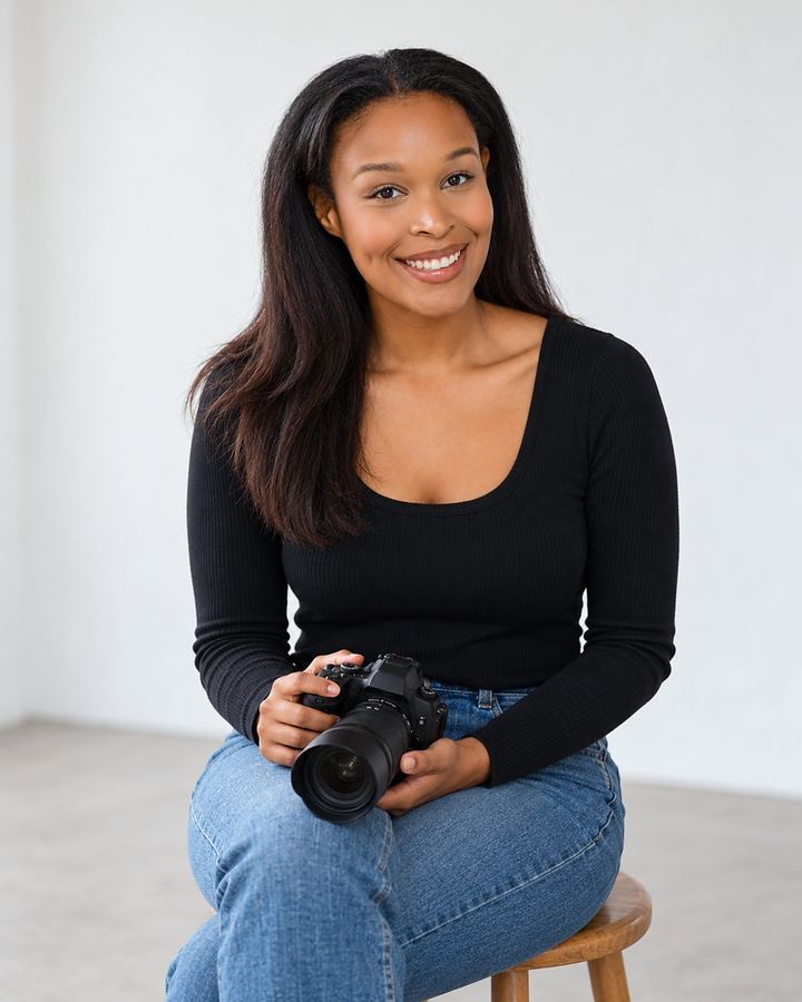 Alex Peebles smiling, seated on a stool with her camera